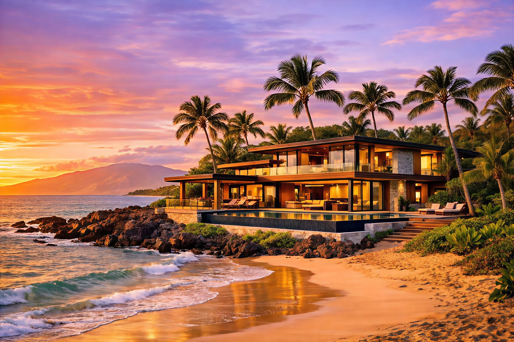 Beachfront home on Hawaiian shore at sunset