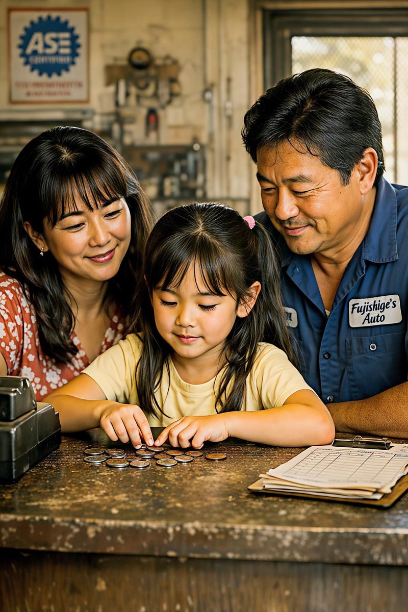 Young Leanne counting coins at the counter of Fujishige's Auto with her parents