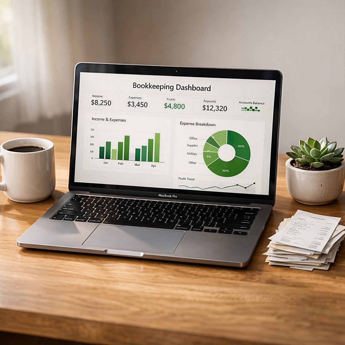Clean QuickBooks dashboard showing monthly reconciliation